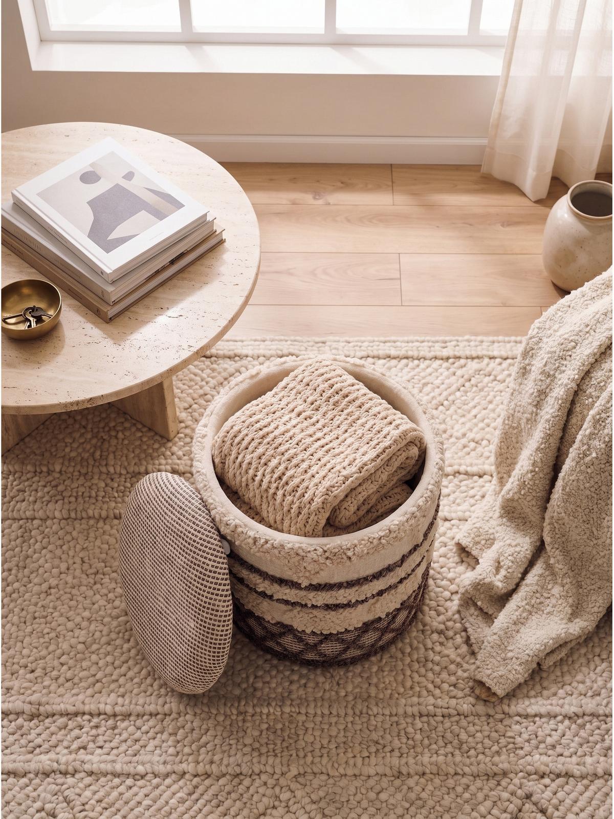 SITZHOCKER RHONE, Stoff, mit Textilbezug, mit Rauten, Beige-Braun, Ø 40 x 45 cm - Beige, Textil (40/45/40cm) - KADIMA DESIGN