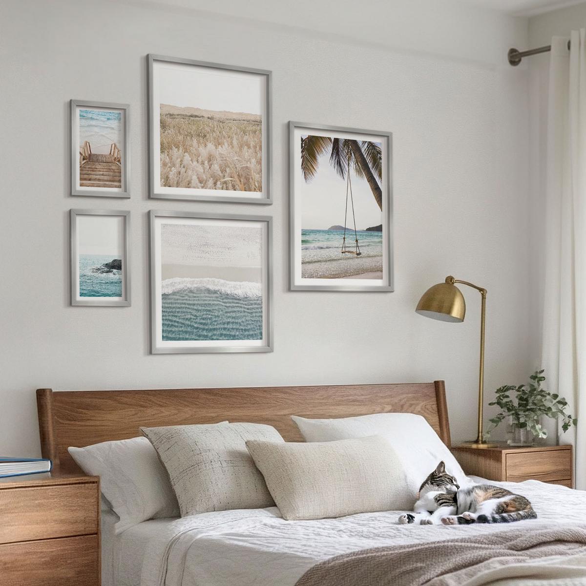 BILDER SET 5er Set - 50x50 cm & 20x30 cm & 40x60 cm Silberner Rahmen - Treppe, Strand, Meerblick, Schaukel - Silberfarben, Kunststoff (40/60cm) - TULUP