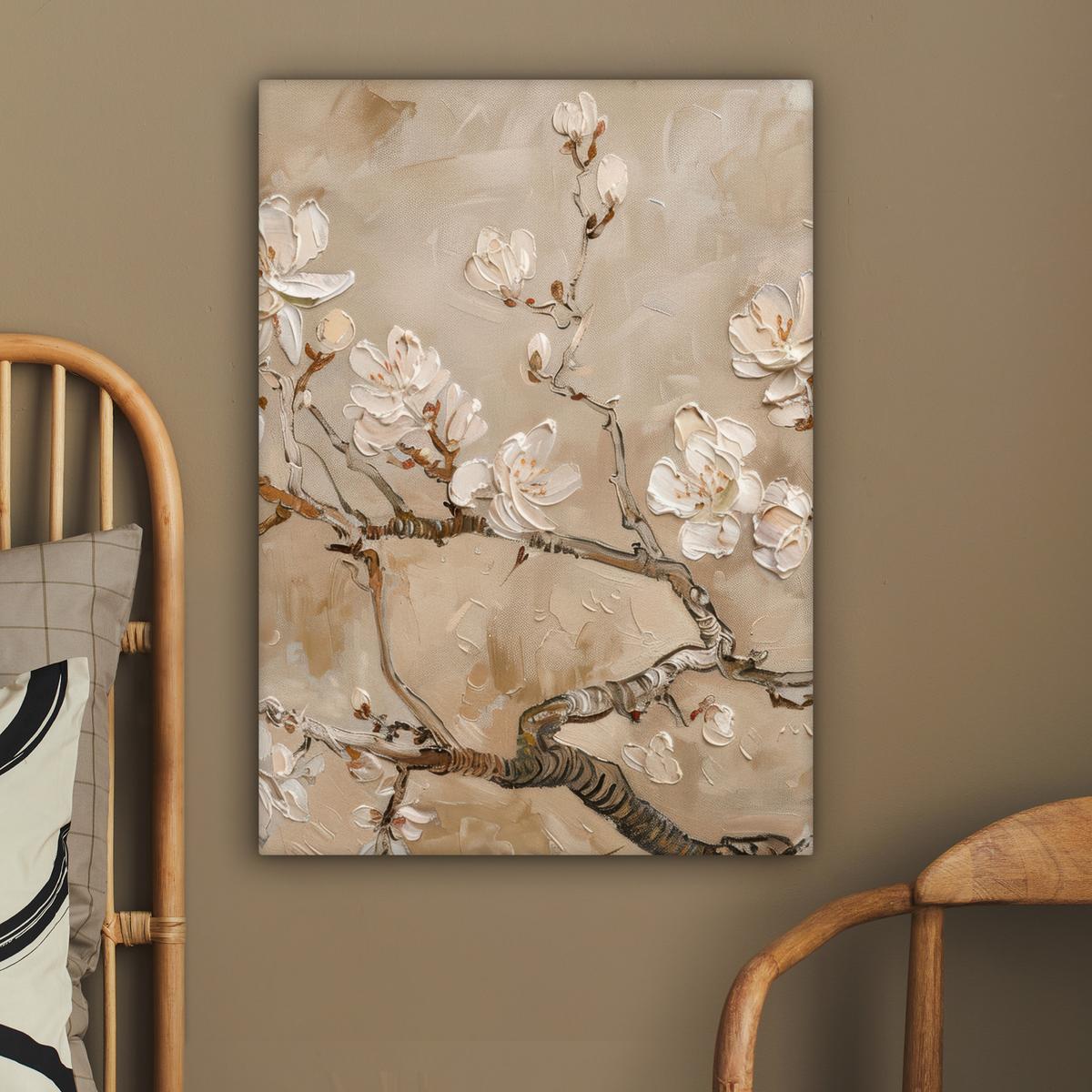 LEINWANDBILD Blumen - Modern - Beige - Weiß - Blüte Wandbild Wohnzimmer 60x80 cm - Beige, Textil (60/80cm) - MuchoWow