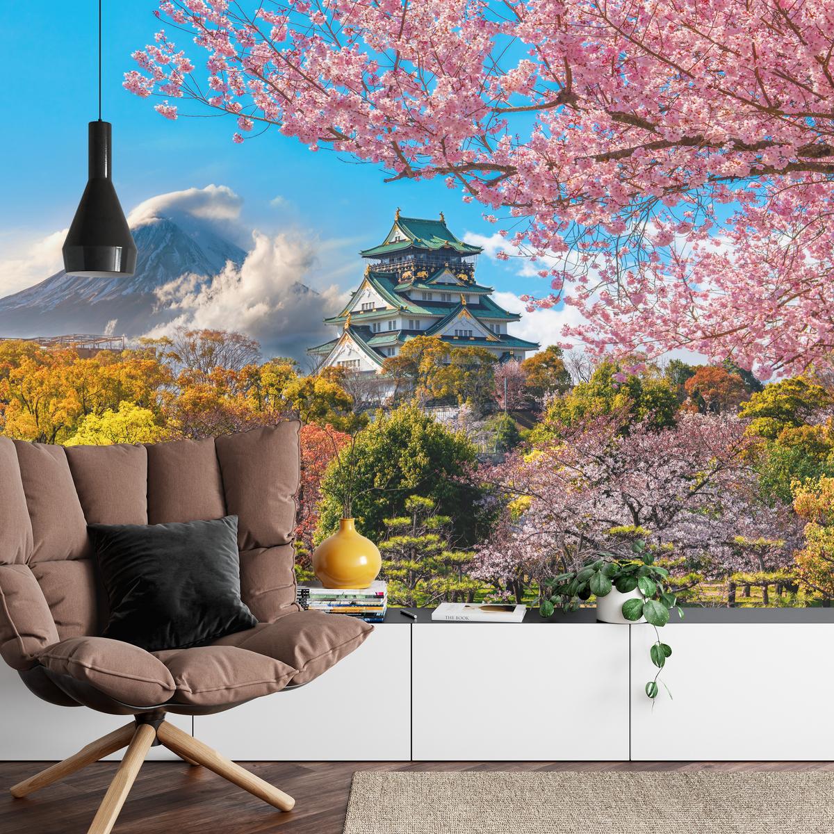 FOTOTAPETE für Wohnzimmer Kirschblüten Osaka Burg Japan Berge Bäume 350x256 - Gelb/Rosa, Papier (350/256cm) - Muralo