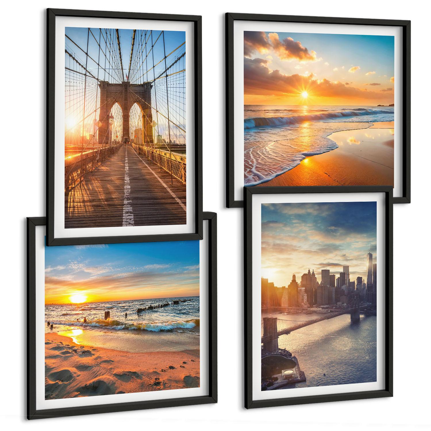 BILDER SET 4er Set - 50x50 cm & 40x60 cm Schwarzer Rahmen - Brücken, Sonnenuntergänge, Stadt - Schwarz, Kunststoff (50/50cm) - TULUP