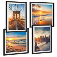 BILDER SET 4er Set - 50x50 cm & 40x60 cm Schwarzer Rahmen - Brücken, Sonnenuntergänge, Stadt - Schwarz, Kunststoff (50/50cm) - TULUP