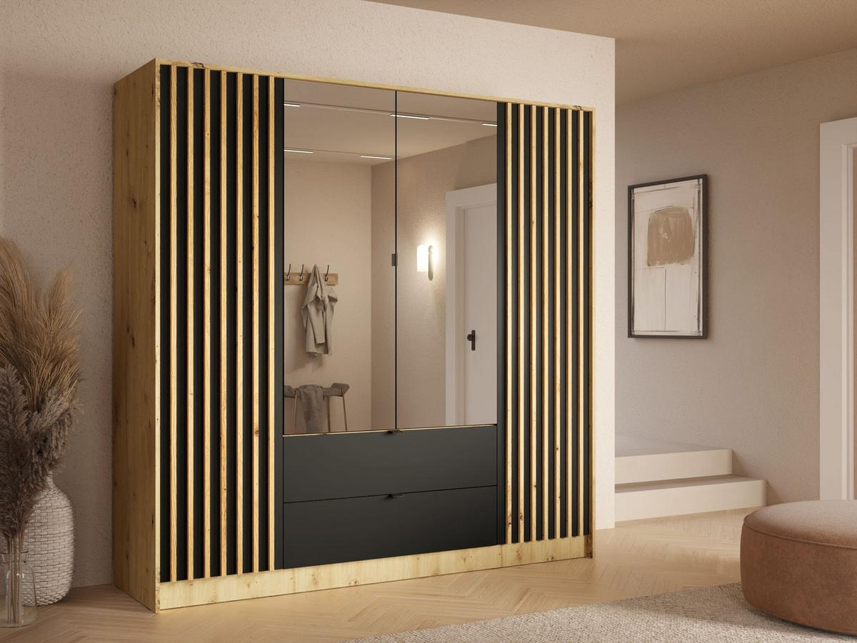 DREHTÜRENSCHRANK SATREN 200/200,5/54,5cm 4-türig mit Spiegel Eiche Artisan - Schwarz/Eiche Artisan, Holzwerkstoff (200/200.5/54.5cm) - MASSENO