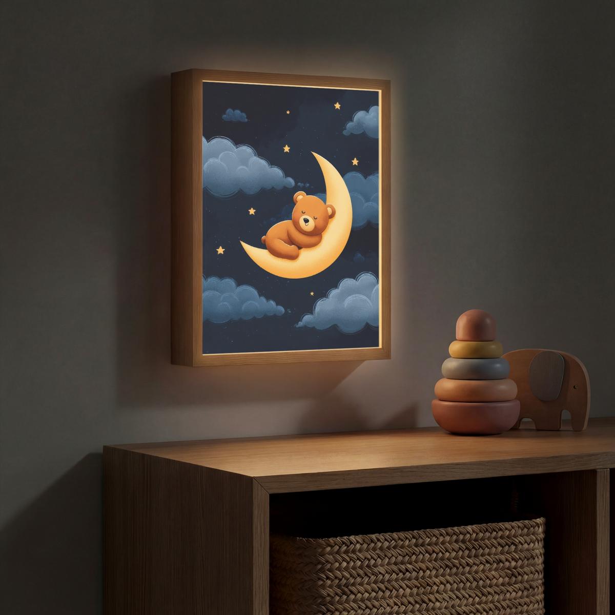 WANDLEUCHTE MIT AKKU Teddybär - Mond - Wolken - Sterne 30x40 cm - Dunkelblau, Holzwerkstoff (30/40/8cm) - OnlyWow