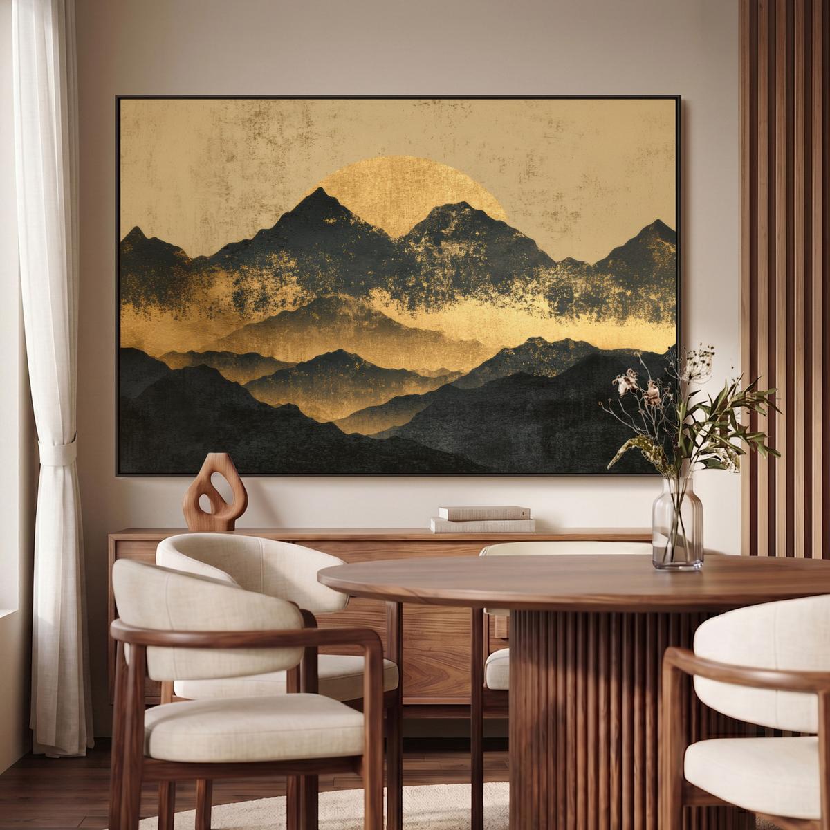 LEINWAND Bilder mit Rahmen - Goldene Berge bei Mondschein - 120x80 - Goldfarben, Textil (120/80cm) - MuchoWow