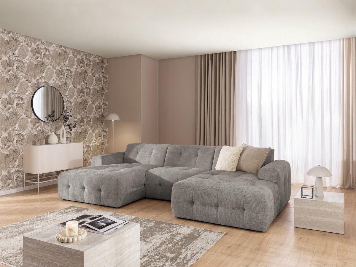WOHNLANDSCHAFT Kozy im Bumpy-Design mit fester Rückenlehne aus weichem Taupe Chenille-Stoff - Taupe/Schwarz, Holz/Kunststoff (323/79/161cm) - S-Style