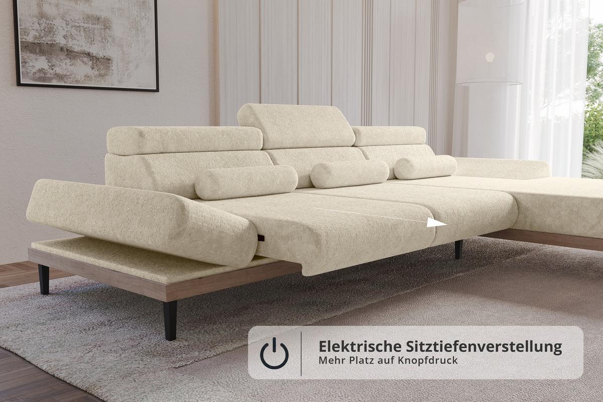 ELEKTRISCHES ECKSOFA Rechts MONA 316x205x85 Creme Velours - Creme, Holzwerkstoff/Textil (316/205cm) - ALTDECOR