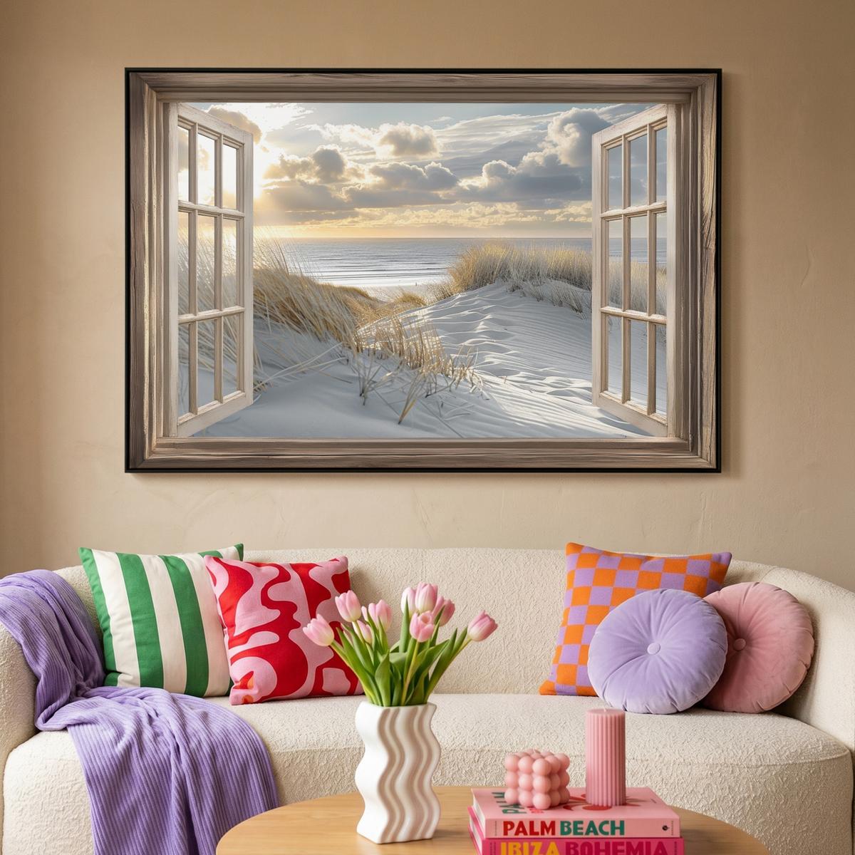 LEINWAND Bilder mit Rahmen - Ausblick - Strand - Dünen - Meer - Natur - 140x90 - Sandfarben, Textil (140/90cm) - MuchoWow