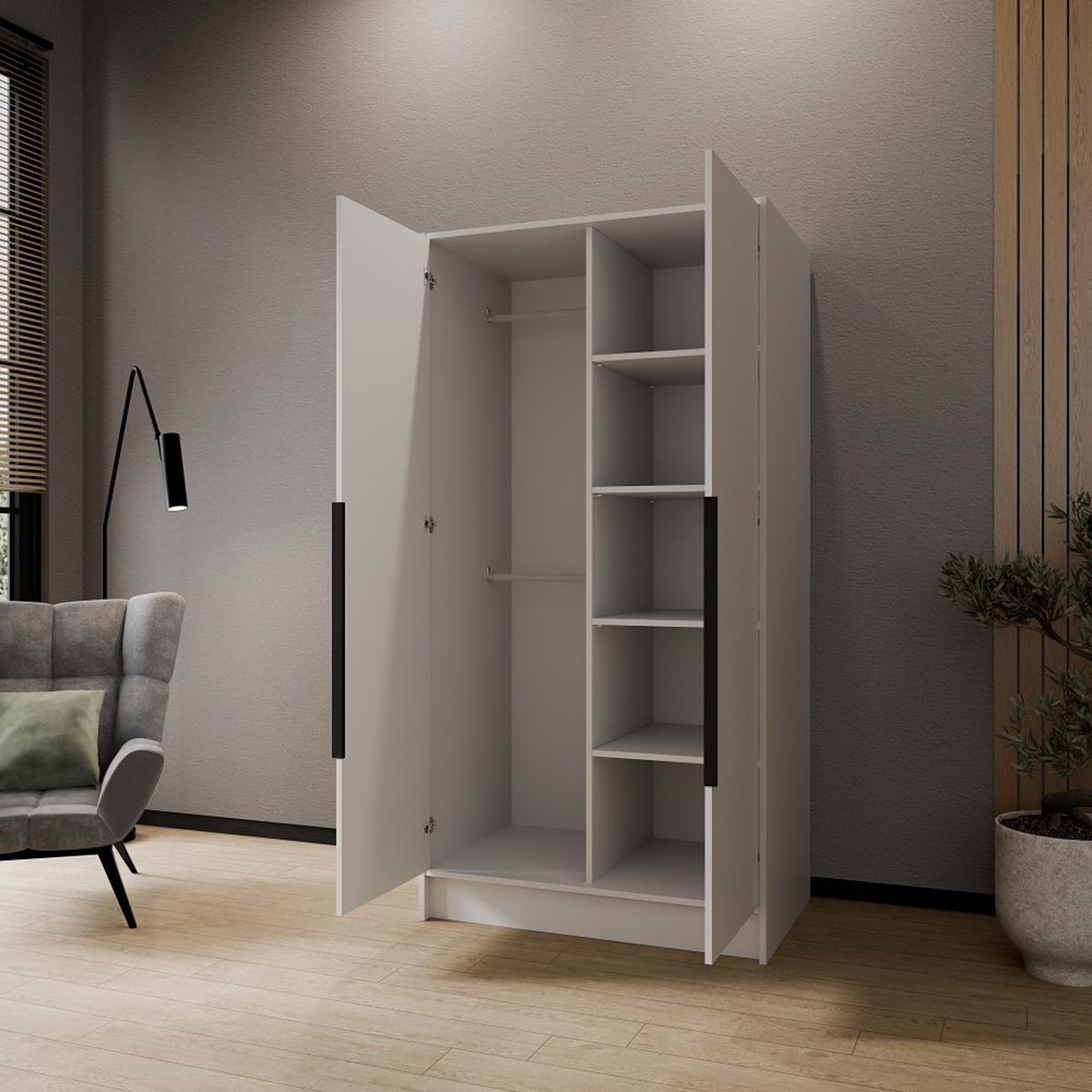 DREHTÜRENSCHRANK Pavia ohne Spiegel, Weiß mit mit schwarzen Griffen, 100 cm - Weiß, Holzwerkstoff (100/200/51cm) - Beautysofa