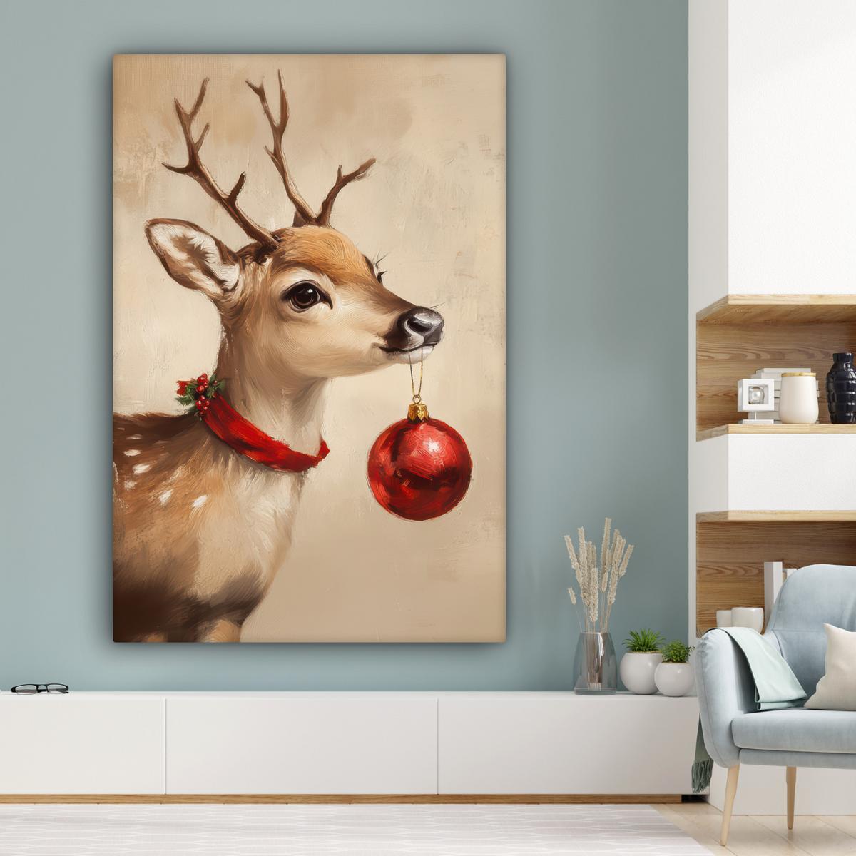 LEINWANDBILD Weihnachten - Hirsch - Geweih - Weihnachtskugel - Rentier Deko Groß 90x140 cm - Hellbraun, Textil (90/140cm) - MuchoWow