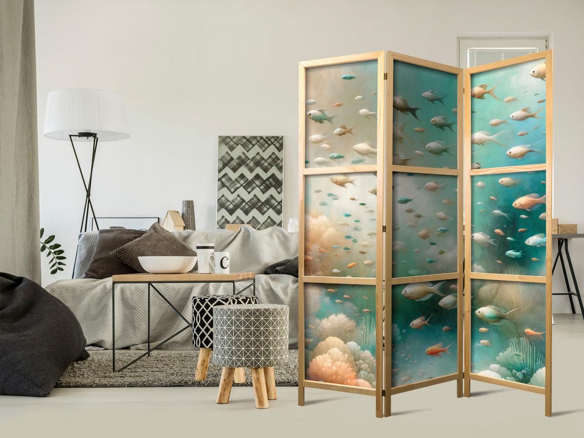 PARAVENT Japanischer 3-tlg 135x172 cm Bunte Fische und Pflanzen - Grün, Holz/Textil (135/172/3cm) - Muralo