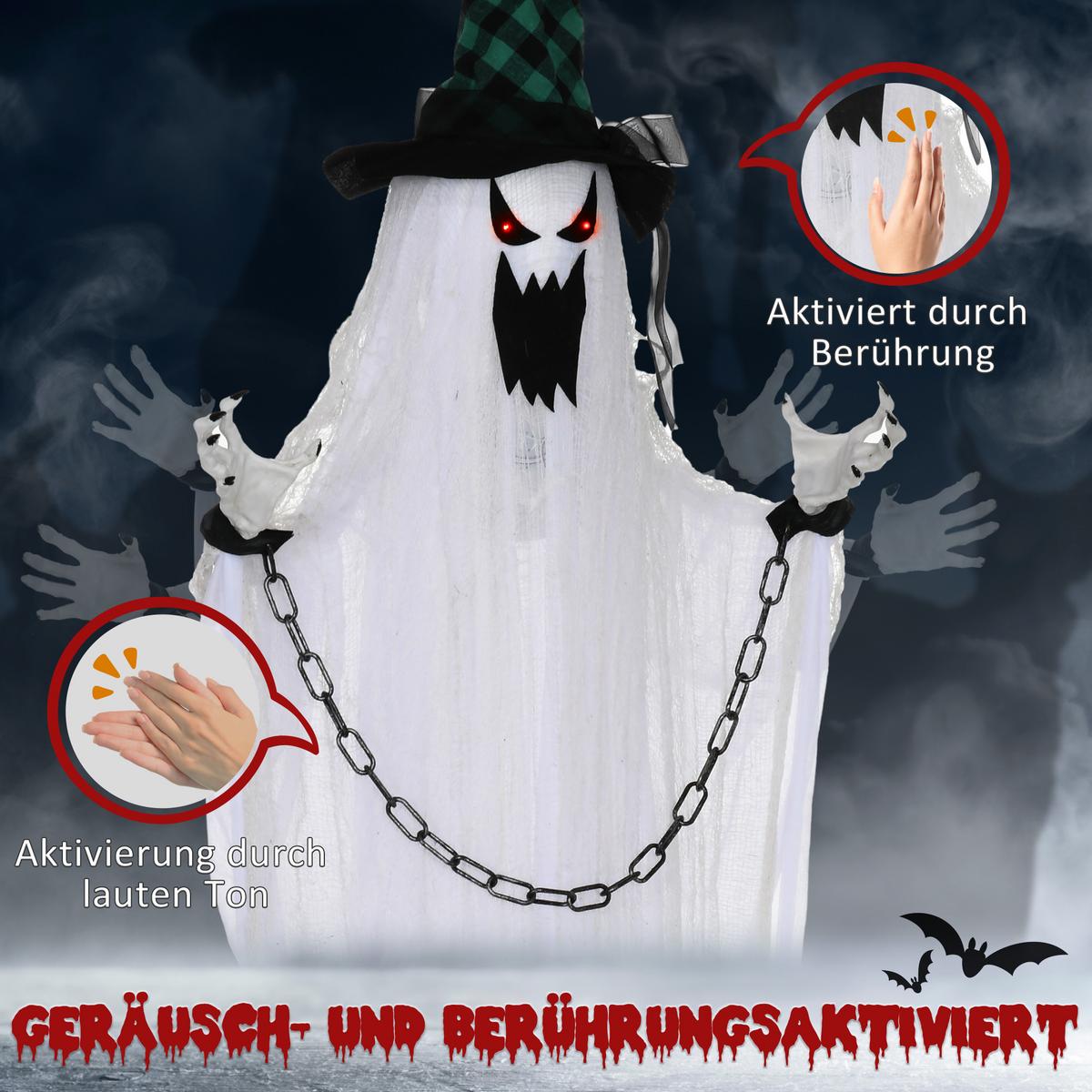 HALLOWEEN-DEKORATION hängender Geist 204 cm mit Geräuschaktivierung, Soundfunktion - Multicolor, Textil (16/204/88cm) - HOMCOM