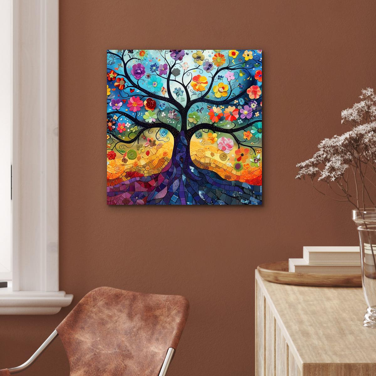 METALLBILD Kunst - Baum des Lebens - Blumen - Hippie 50x50 cm - Dunkelblau, Metall (50/50cm) - MuchoWow