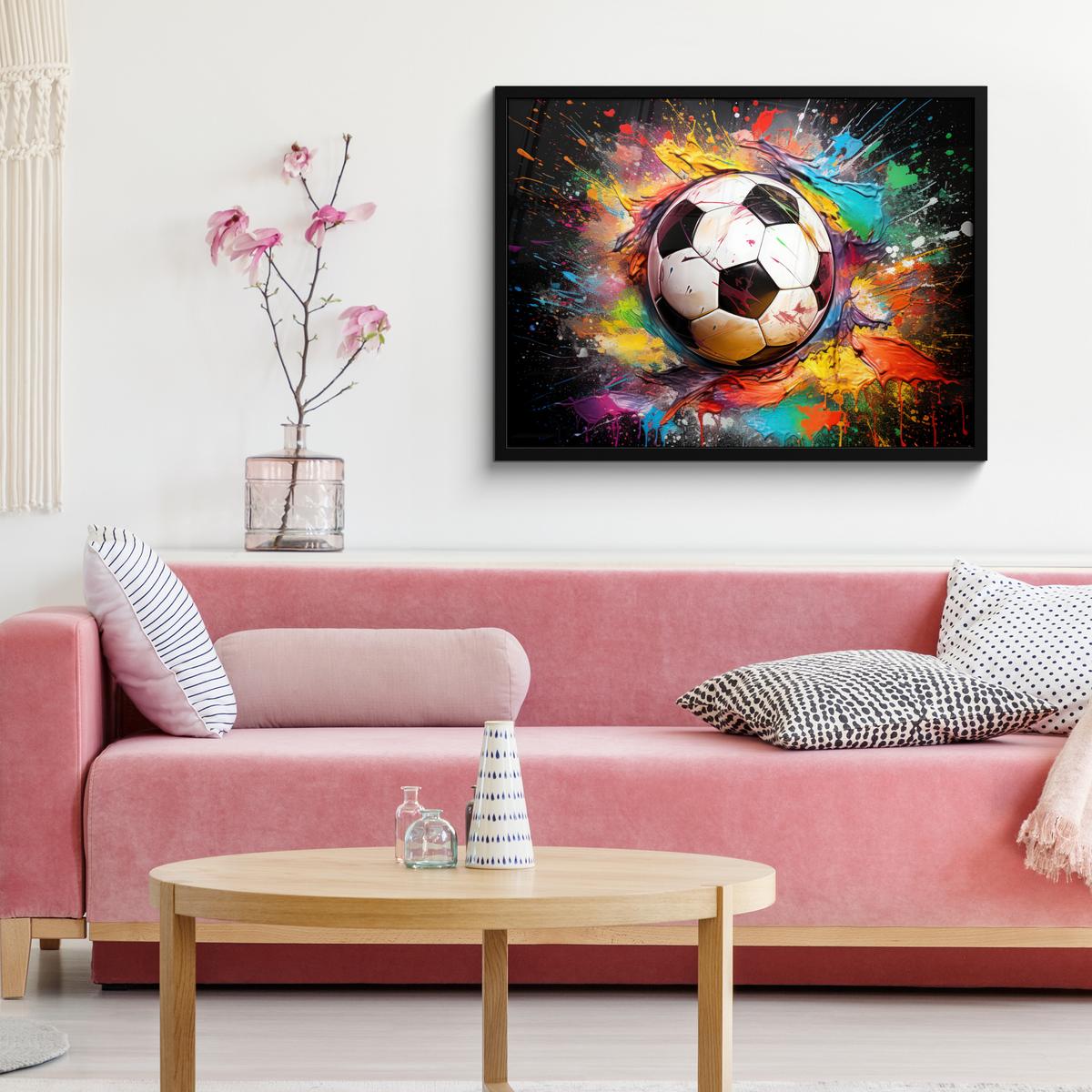 POSTER MIT RAHMENGERAHMTES BILD Fußball - Farbe - Farben - Schwarz - Weiß 80x60 cm - Weiß, Papier (80/60cm) - MuchoWow