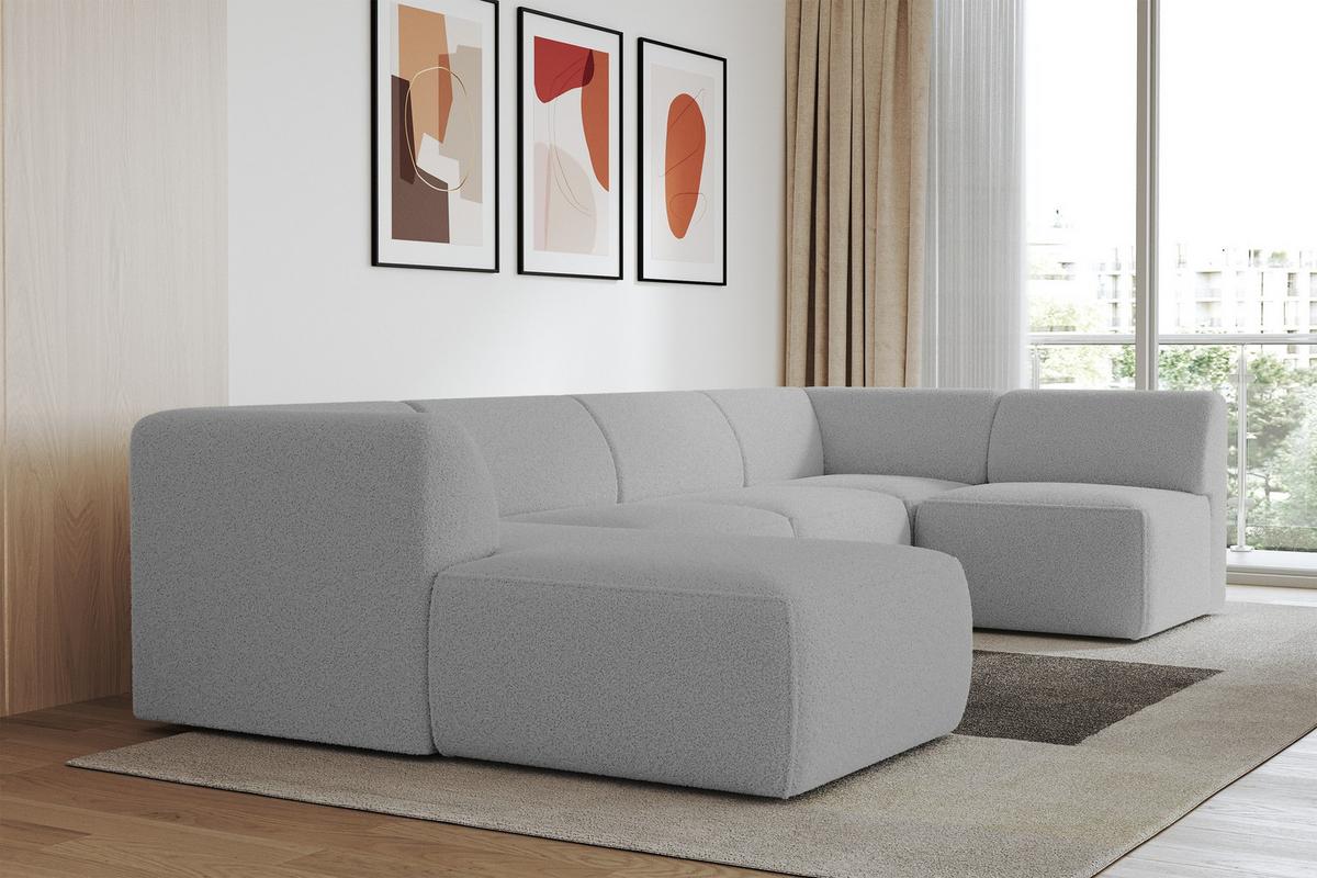WOHNLANDSCHAFT Ottomane Links MOVO-L 345x180x78 cm Hellgrau Bouclé - Anthrazit, Holzwerkstoff/Kunststoff (345/78/180cm) - ALTDECOR