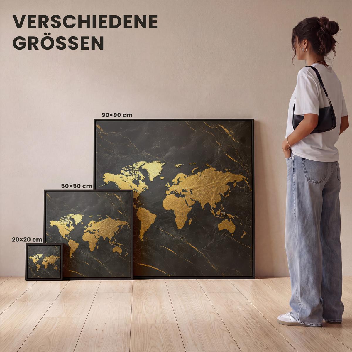 LEINWAND Bilder mit Rahmen - Weltkarte - Gold - Marmor - 20x20 - Goldfarben, Textil (20/20cm) - MuchoWow