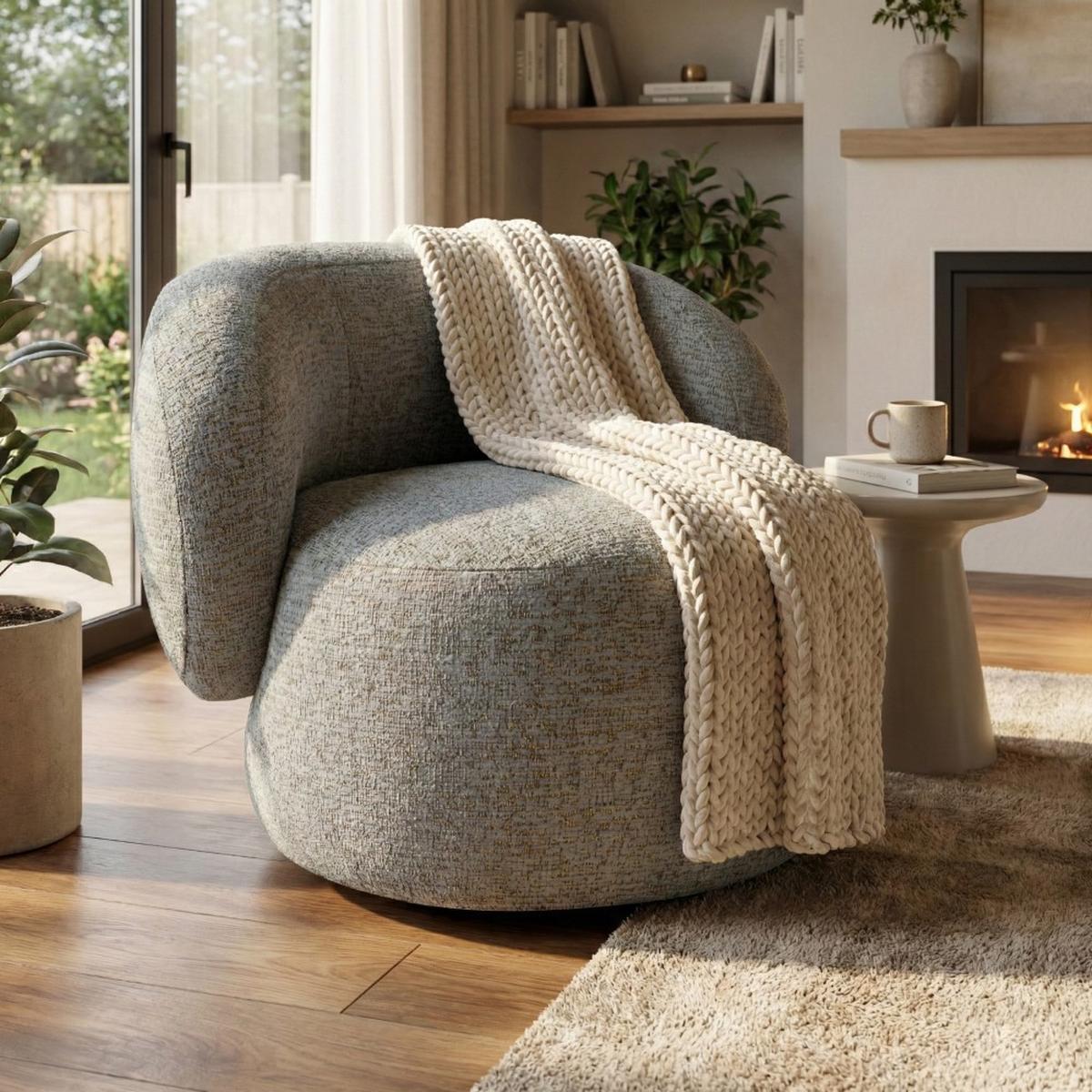 SESSEL Mao, Drehsessel mit runder Form, Hellgrau, Chenille-Stoff - Hellgrau, Textil (99/82/91cm) - Beautysofa