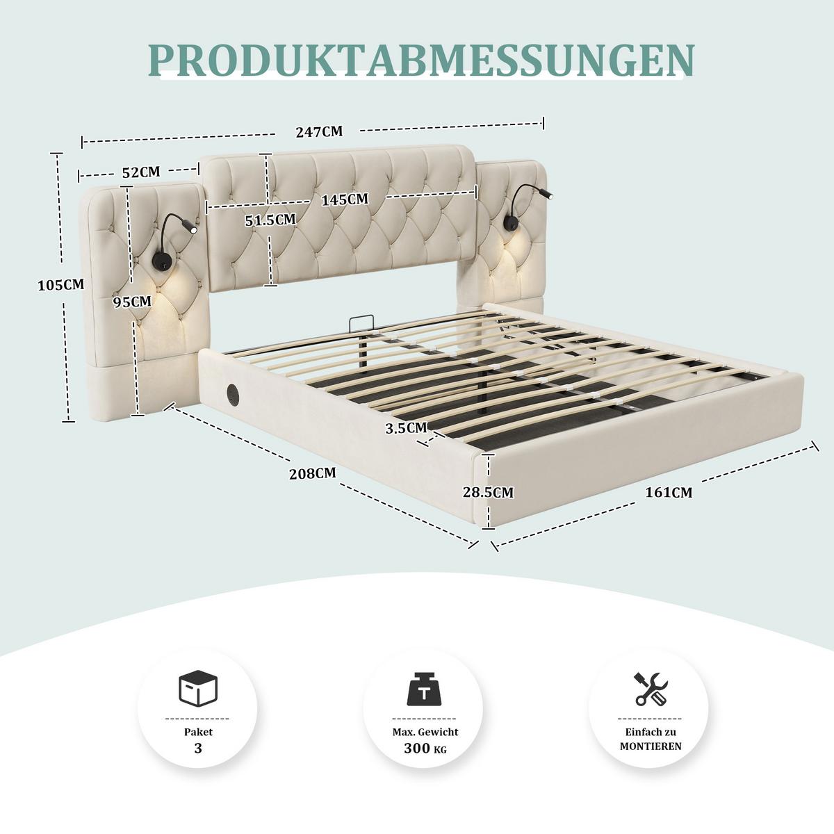 POLSTERBETT Samt Beige 160x200 cm mit LED Leseleuchten & USB-Anschluss - Beige, Textil (160/200cm) - Urban Meuble
