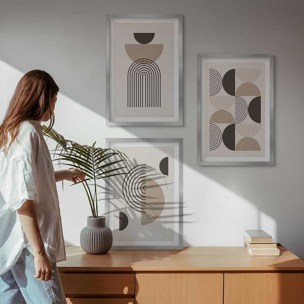 BILDER SET 3er Set - 40x60 cm Silberner Rahmen - Abstrakte Minimalismusmuster - Silberfarben, Kunststoff (40/60cm) - TULUP