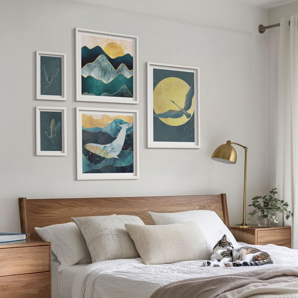 BILDER SET 5er Set - 50x50 cm & 20x30 cm & 40x60 cm Weißer Rahmen - Vögel, Kraniche, Mond, Berge - Weiß, Kunststoff (40/60cm) - TULUP