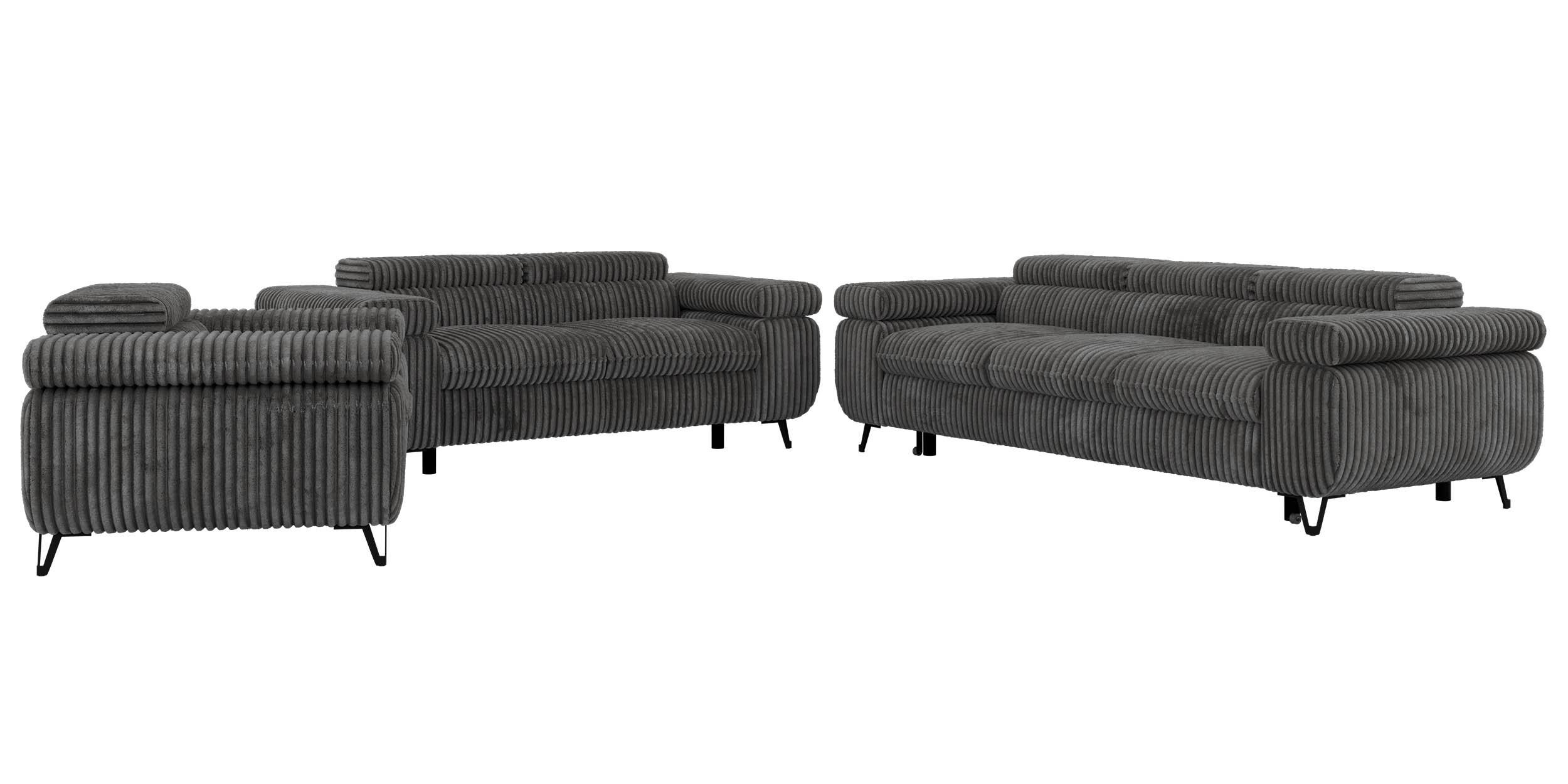 SITZGARNITUR PETER 1+2+3 mit Schlaffunktion - Grau Cord - Schwarz/Grau, Textil/Metall (262/76/99cm) - MKS