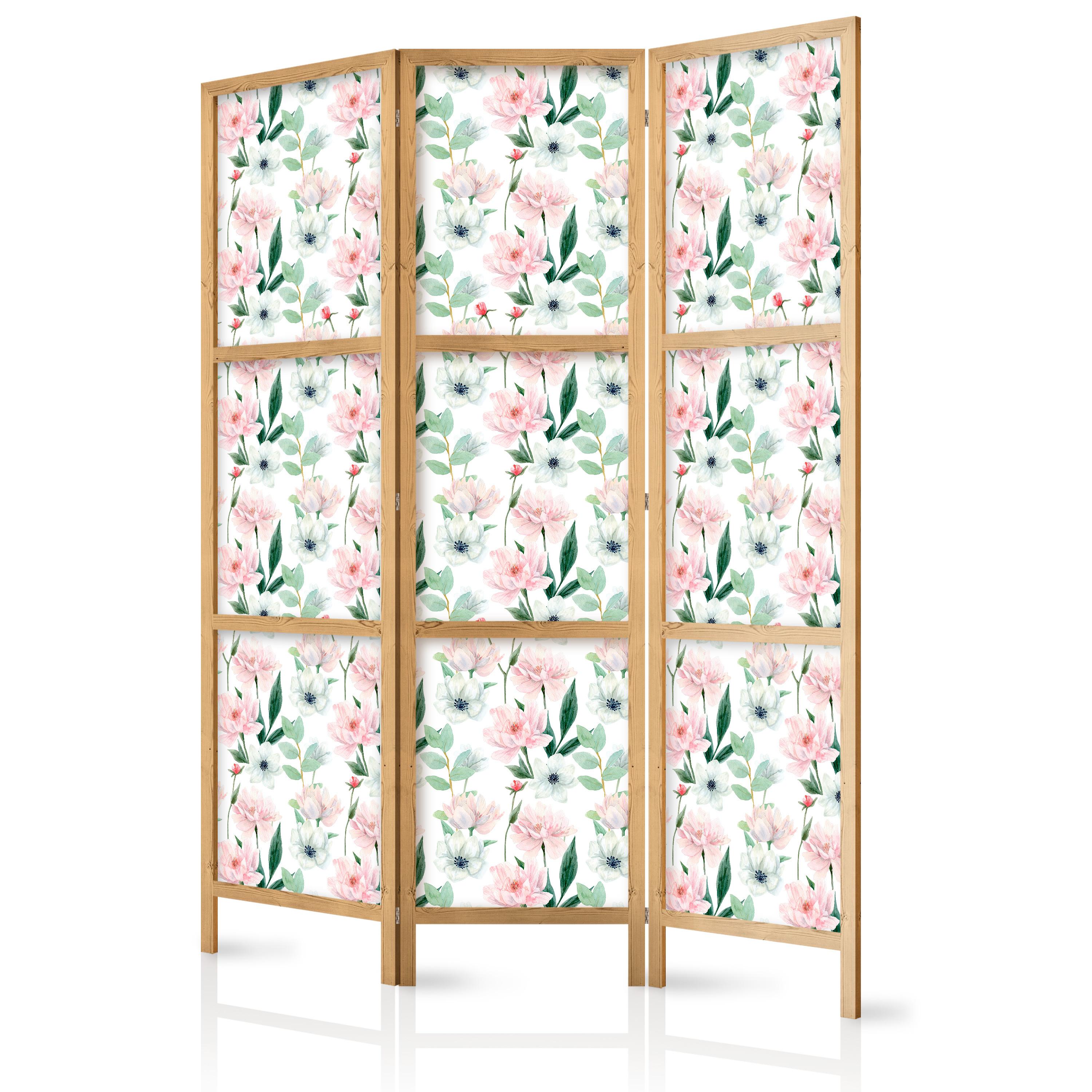 PARAVENT Japanischer 3-tlg 135x172 cm Blumen Und Bl tter - Multicolor, Holz/Textil (135/172/3cm) - Muralo