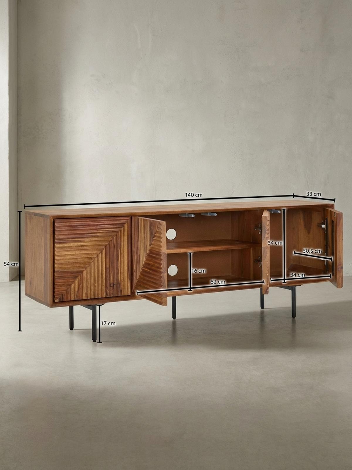LOWBOARD Massivholz Modern Stil Modell Spectrum mit 3D-Oberfläche und Edelstahl-Gestell - Schwarz/Braun, Holz/Metall (140/54/33cm) - KADIMA DESIGN