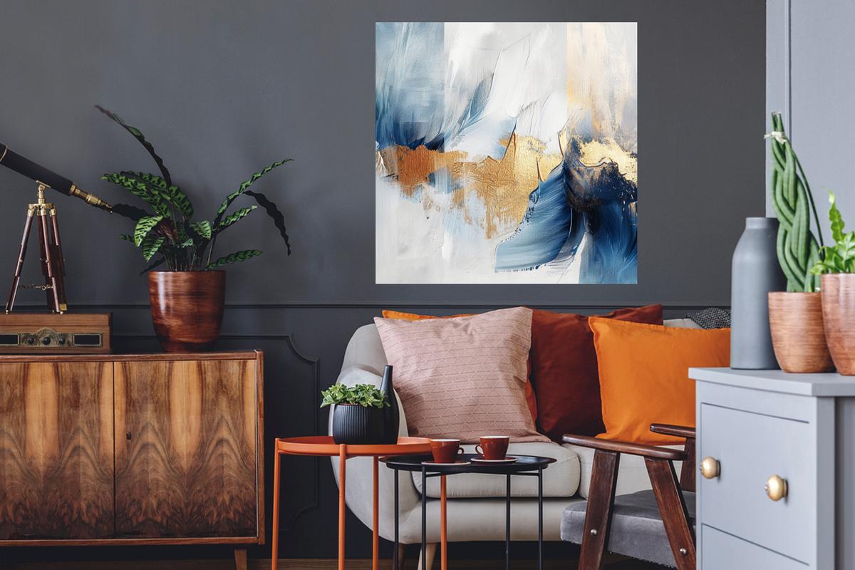 WANDTATTOO Gold - Blau - Aquarell - Kunst - Modern Wanddeko 50x50 cm - Hellblau, Kunststoff (50/50/0.1cm) - MuchoWow