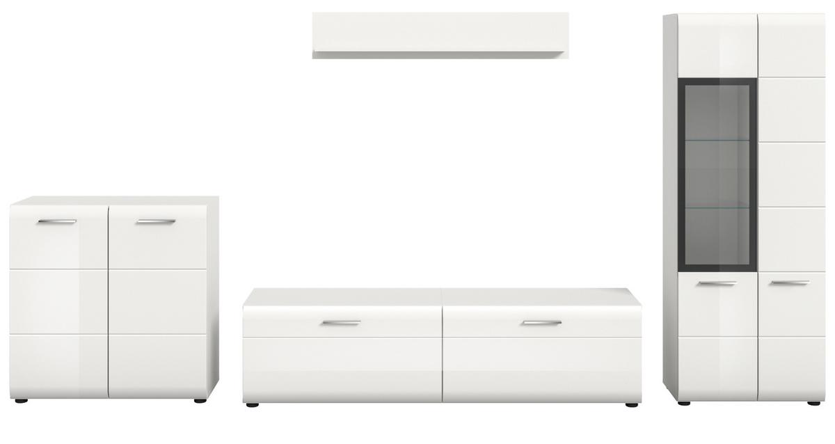 WOHNWAND weiß Hochglanz 4-teilig 330 cm, Schrankwand mit viel Stauraum - Weiß Hochglanz/Silberfarben, Glas/Holzwerkstoff (330/160/41cm) - Inn.Furn