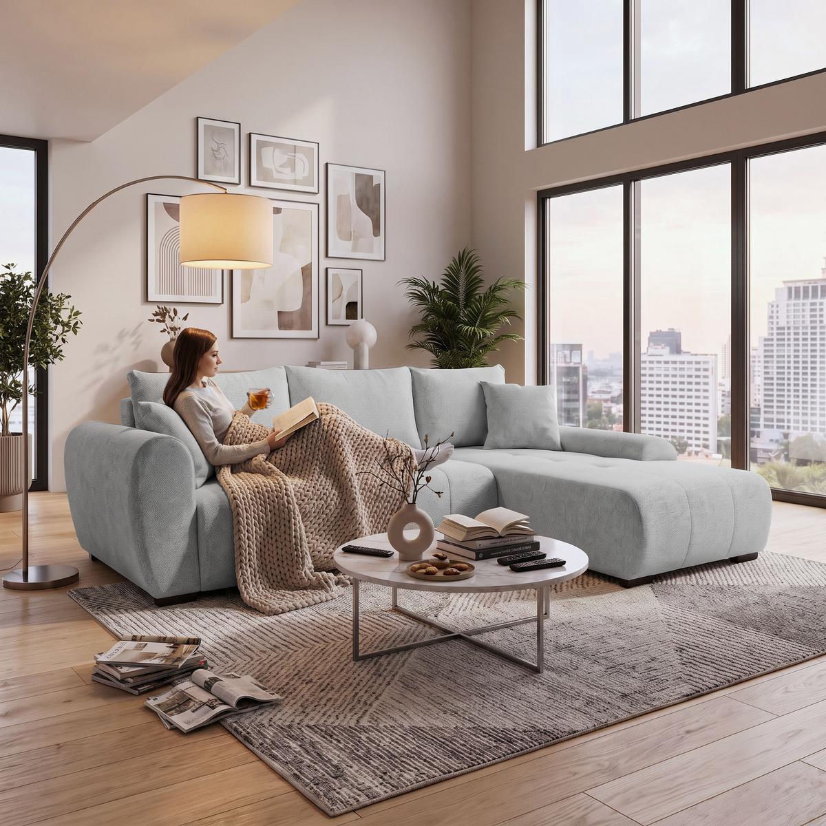 ECKSCHLAFSOFA Dallas mit Bettkasten, 255 cm, Hellgrau, rechts, Velour-Stoff - Hellgrau, Textil (255/175cm) - Beautysofa