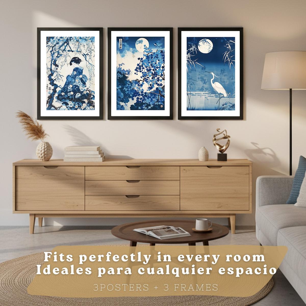 POSTER 3er Bilder-Set Wandbilder Japan Stil modern Wohnzimmer Deko, Schlafzimmer, Küche, Badezimmer Schwarzer Rahmen A3 - Schwarz, Papier (29.7/1/42cm) - Nacnic