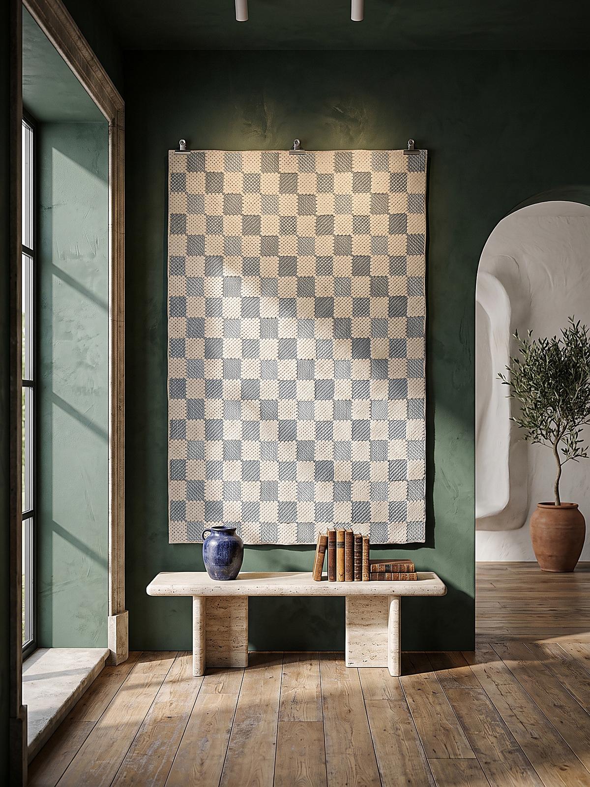 BAUMWOLLTEPPICH waschbar AFTON, Schachbrettmuster, Natur-Blau, 194 x 290 cm - Beige, Textil (194/290cm) - KADIMA DESIGN