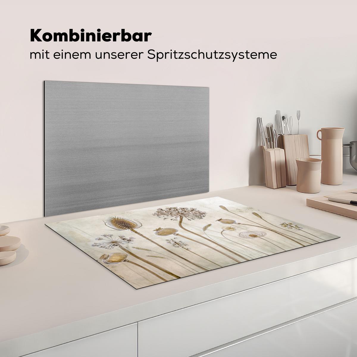 HERDABDECKPLATTE Blumen - Aquarell - Stilleben - Braun - Vintage Herdabdeckung Induktionsfeld 75x52 cm - Sandfarben, Kunststoff (75/52/0.2cm) - MuchoWow