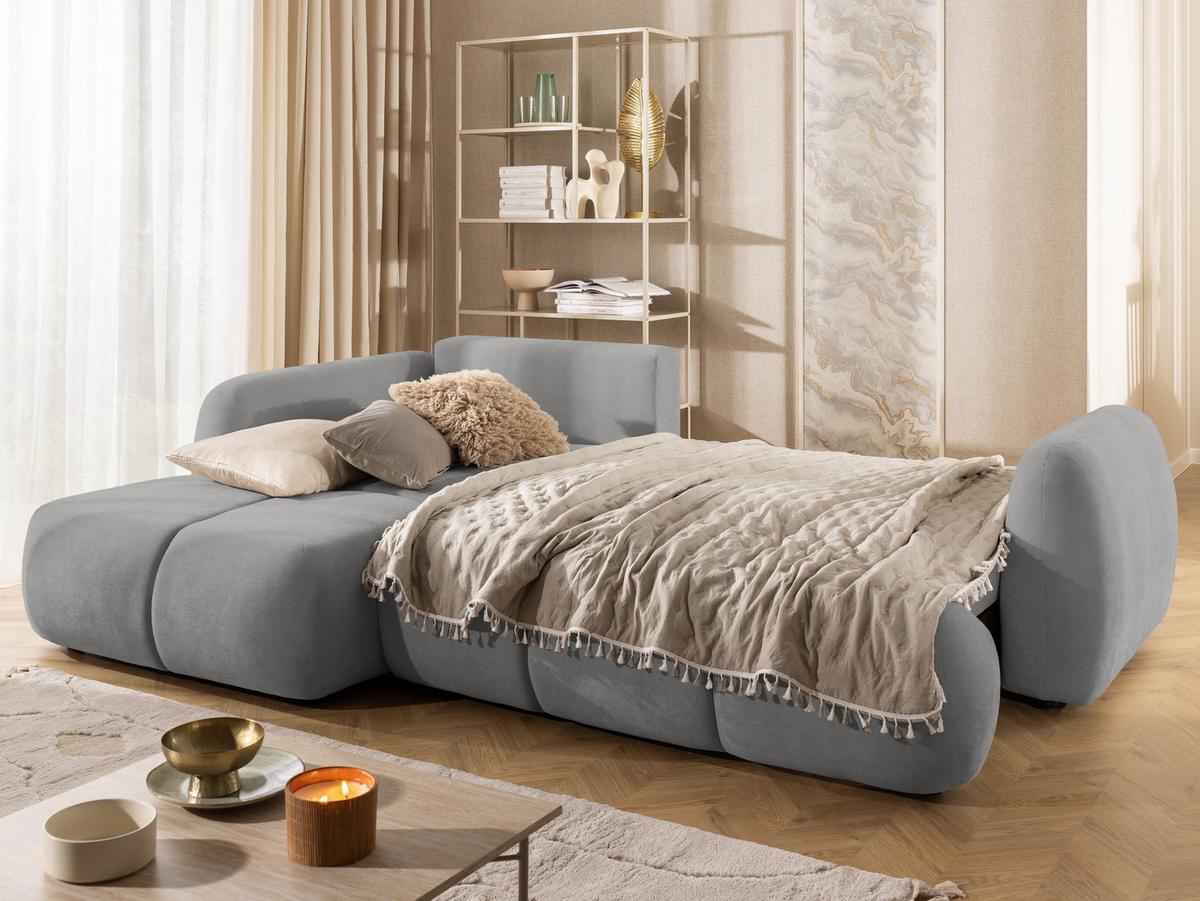 ECKSOFA Loretto aus natürlichem Grau Webstoff mit Schlaffunktion, Bettkasten und tiefen Steppungen in Bubble-Optik - Schwarz/Grau, Holz/Kunststoff (180/275cm) - S-Style
