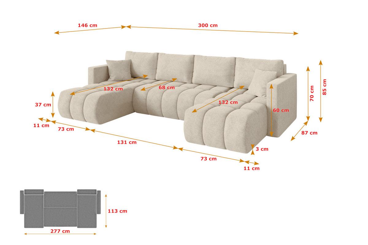 WOHNLANDSCHAFT mit Schlaffunktion und Bettkasten GARD-U 300x146x85 Creme Velours - Creme/Schwarz, Holzwerkstoff/Kunststoff (300/85/146cm) - ALTDECOR
