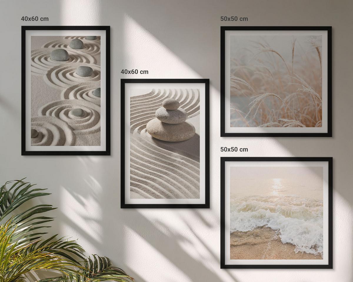 BILDER SET 4er Set - 50x50 cm & 40x60 cm Schwarzer Rahmen - Wellen, Sand, Wasser, Steine, Strand - Schwarz, Kunststoff (50/50cm) - TULUP