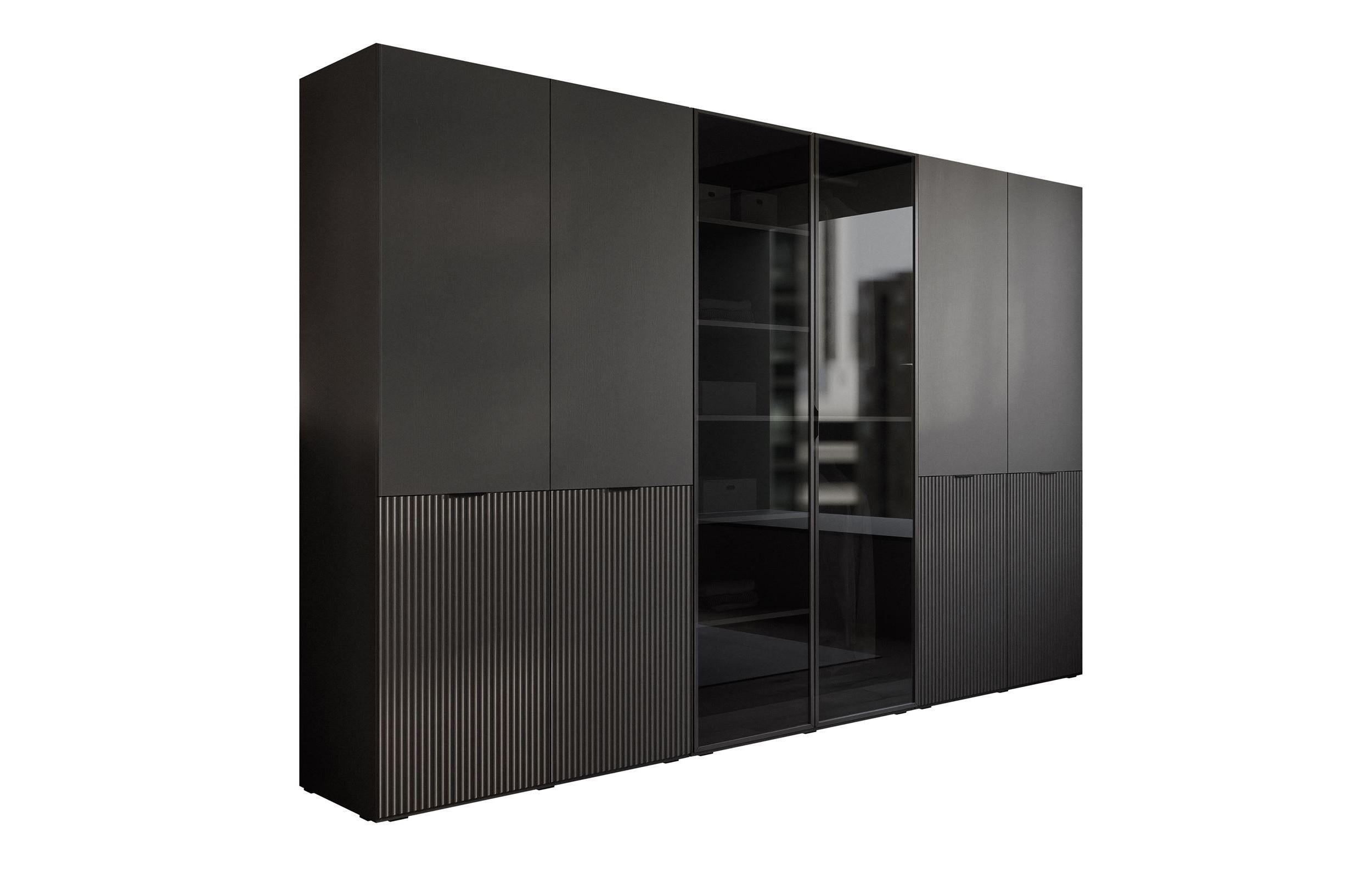 KLEIDERSCHRANK SANDBOX MODERN 300 303/49/200 cm Schwarzer Graphit / Schwarzer Graphit + Schwarzes Glas mit LED 12 Zusatzböden - Schwarz, Holzwerkstoff/Kunststoff (303/200/49cm) - Lookway