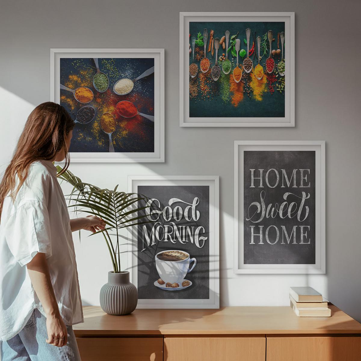 BILDER SET 4er Set - 50x50 cm & 40x60 cm Weißer Rahmen - Gewürze, Kaffee, Tasse, Kräuter - Weiß, Kunststoff (50/50cm) - TULUP