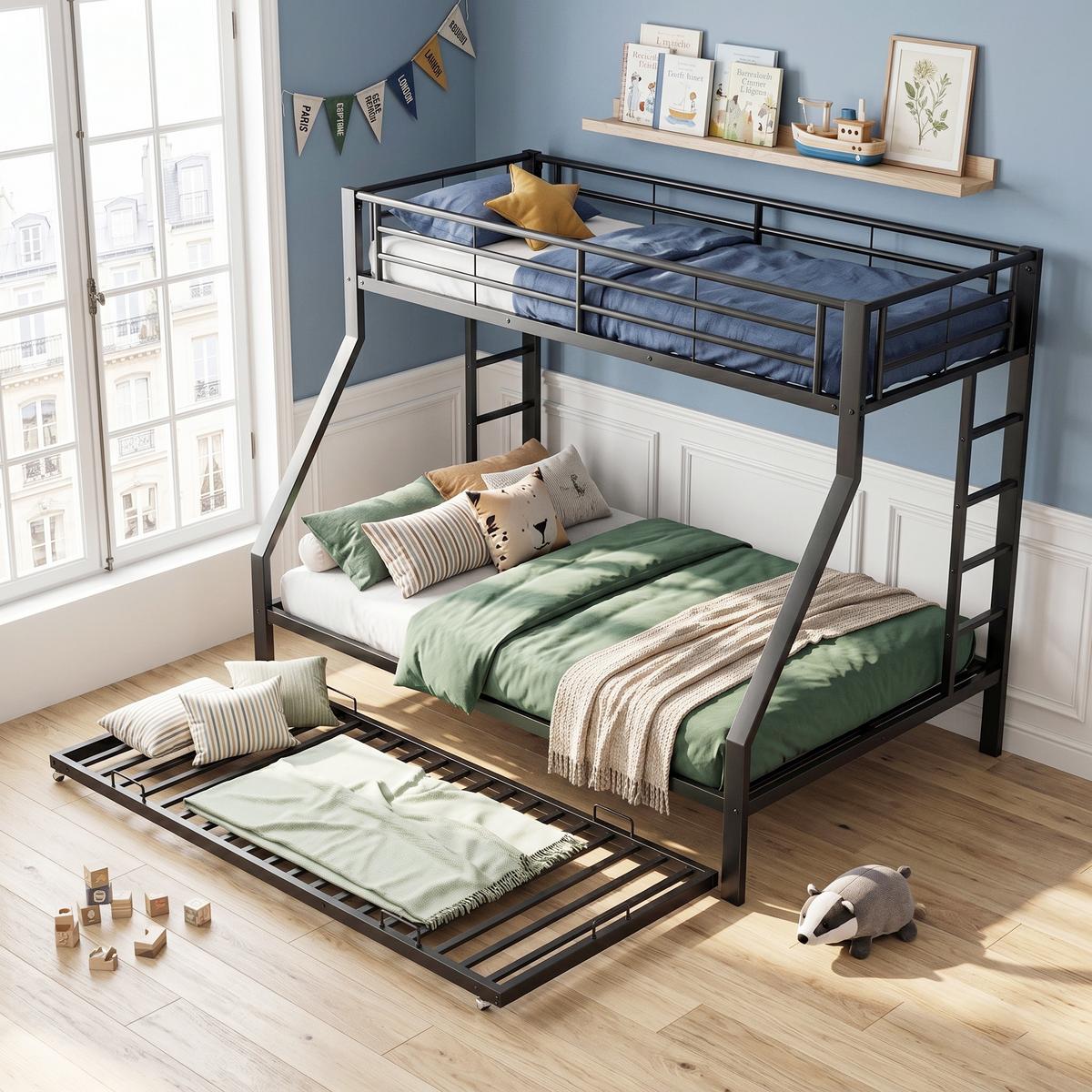 ETAGENBETT metall schwarz 90x200cm mit ausziehbett - Schwarz, Metall (90/200cm) - Urban Meuble