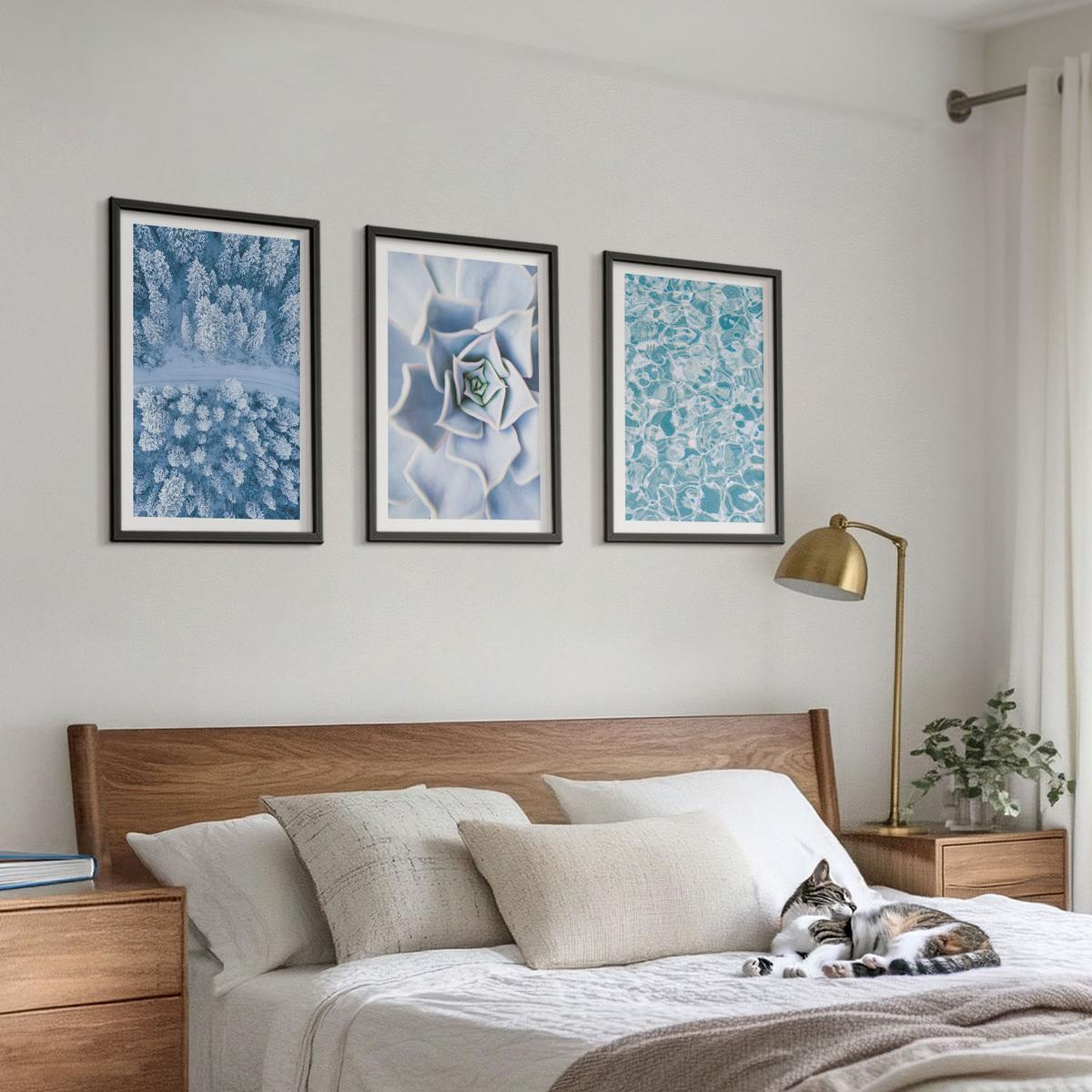 BILDER SET 3er Set - 40x60 cm Schwarzer Rahmen - Winterwald blaue Blume Wasser - Schwarz, Kunststoff (40/60cm) - TULUP