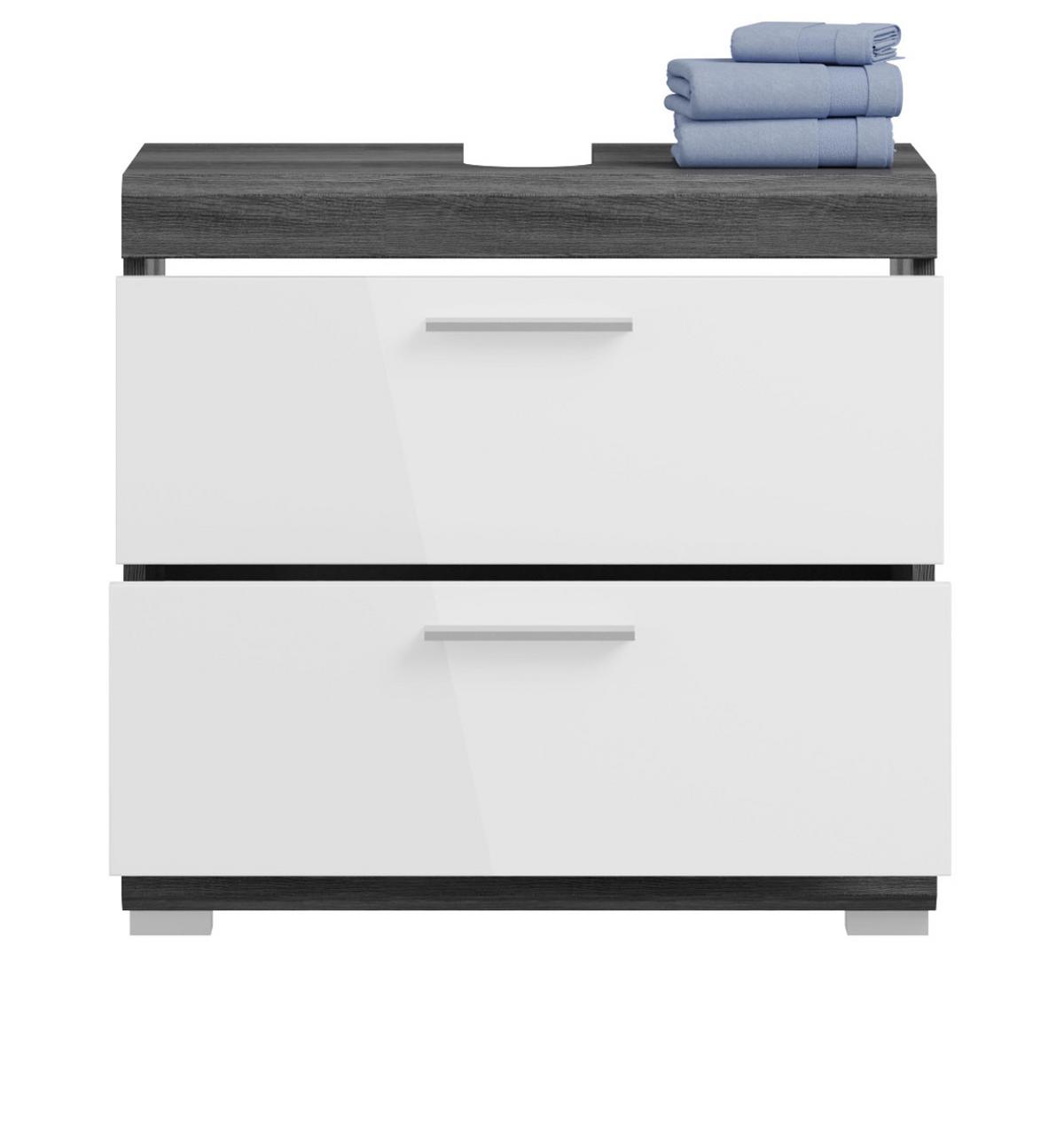 WASCHBECKENUNTERSCHRANK weiß Hochglanz, grau mit Schubladen 60 cm - Weiß Hochglanz/Silberfarben, Holzwerkstoff/Kunststoff (60/56/34cm) - Inn.Furn