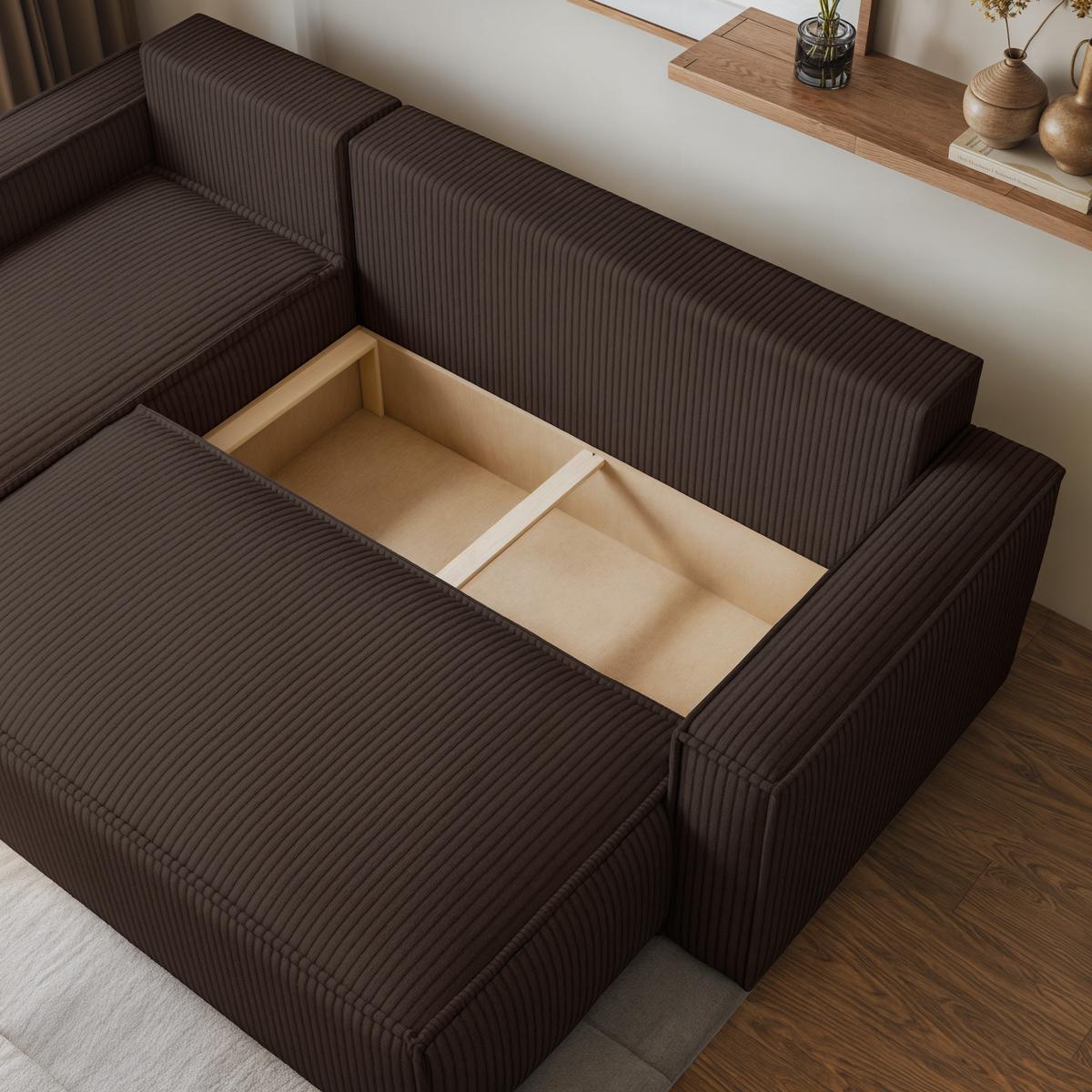 ECKSOFA RAVELO P Braun Kordstoff mit Schlaffunktion - Braun/Grau, Holz/Kunststoff (240/140cm) - MASSENO