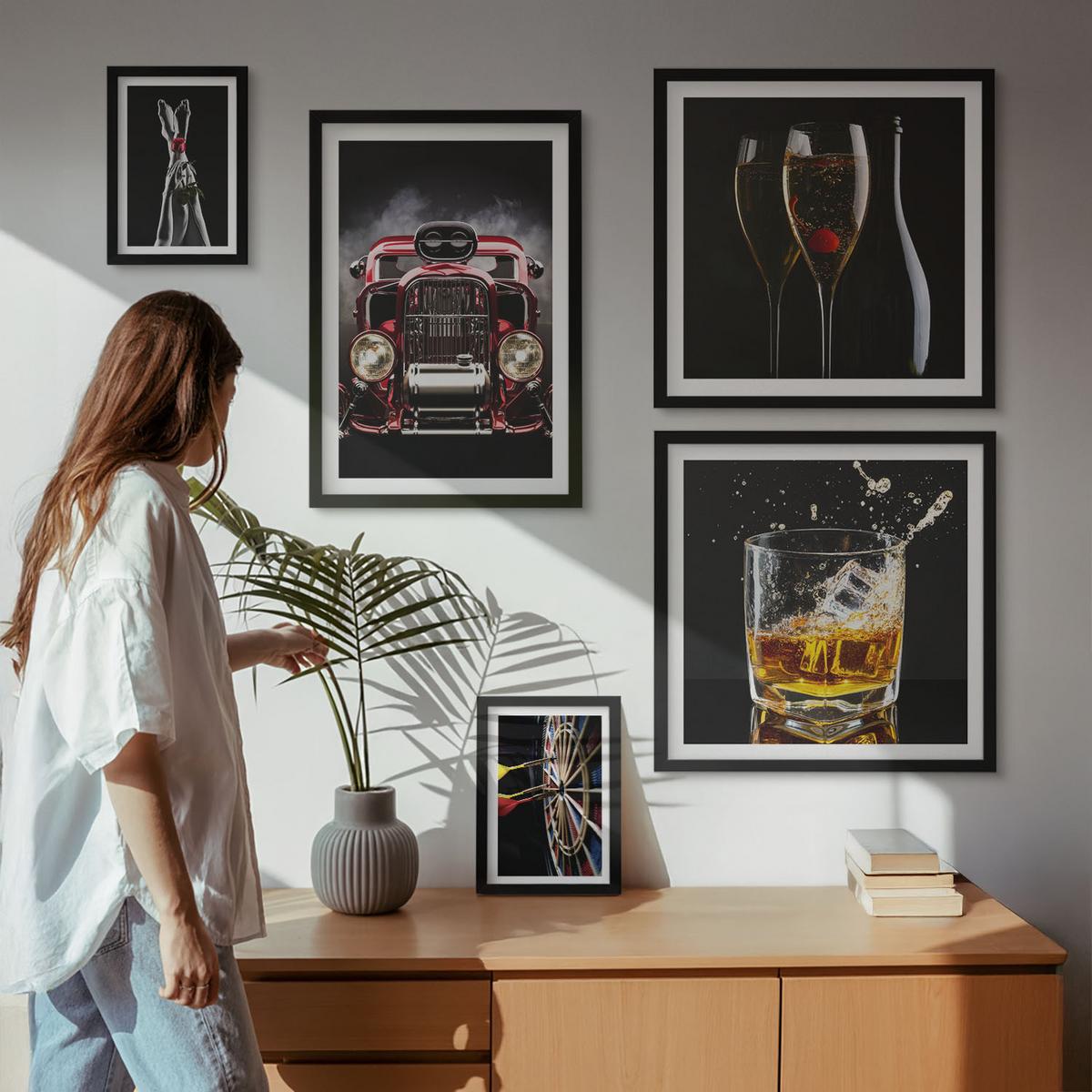 BILDER SET 5er Set - 50x50 cm & 20x30 cm & 40x60 cm Schwarzer Rahmen - Frauenbeine Rosenwagen Wein - Schwarz, Kunststoff (40/60cm) - TULUP