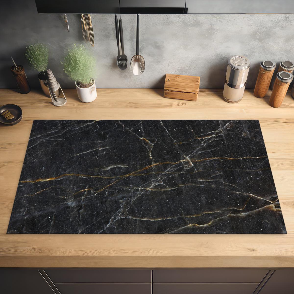 HERDABDECKPLATTE Marmor - Schwarz - Gold - Grau - Marmorstruktur Ceranfeldabdeckung 90x52 cm - Goldfarben, Kunststoff (90/52/0.2cm) - MuchoWow