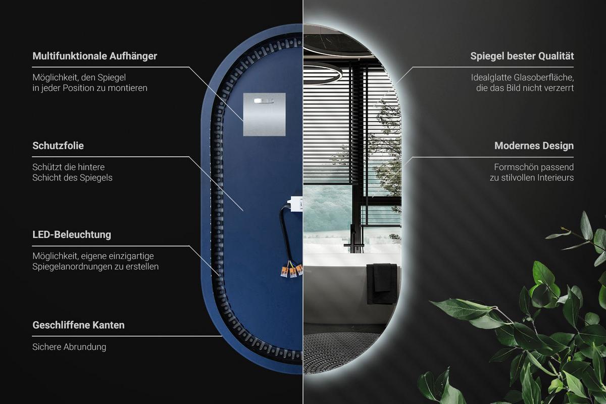 LED-SPIEGEL 52x90 cm Asymmetrisch Kaltweiß 6000K - Blau, Glas (52/90/0.4cm) - Wallfluent