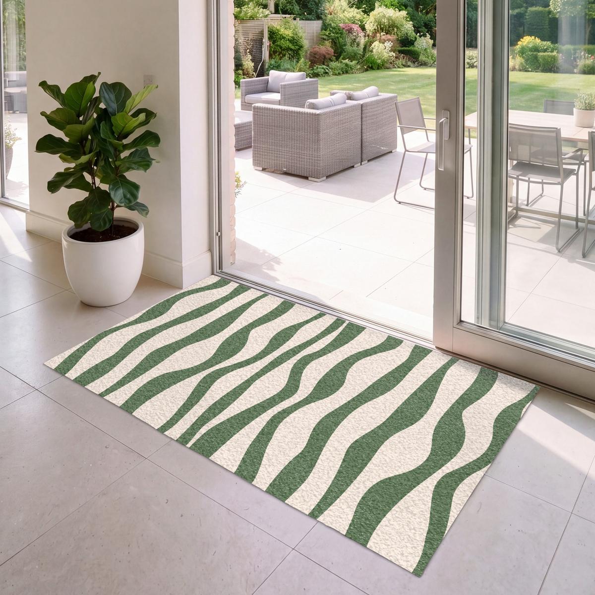 FUSSMATTE Wellenlinien - Beige - Grün - Streifen - Abstrakt Fußabtreter 150x90 cm - Dunkelgrün, Kunststoff (150/0.4cm) - MuchoWow