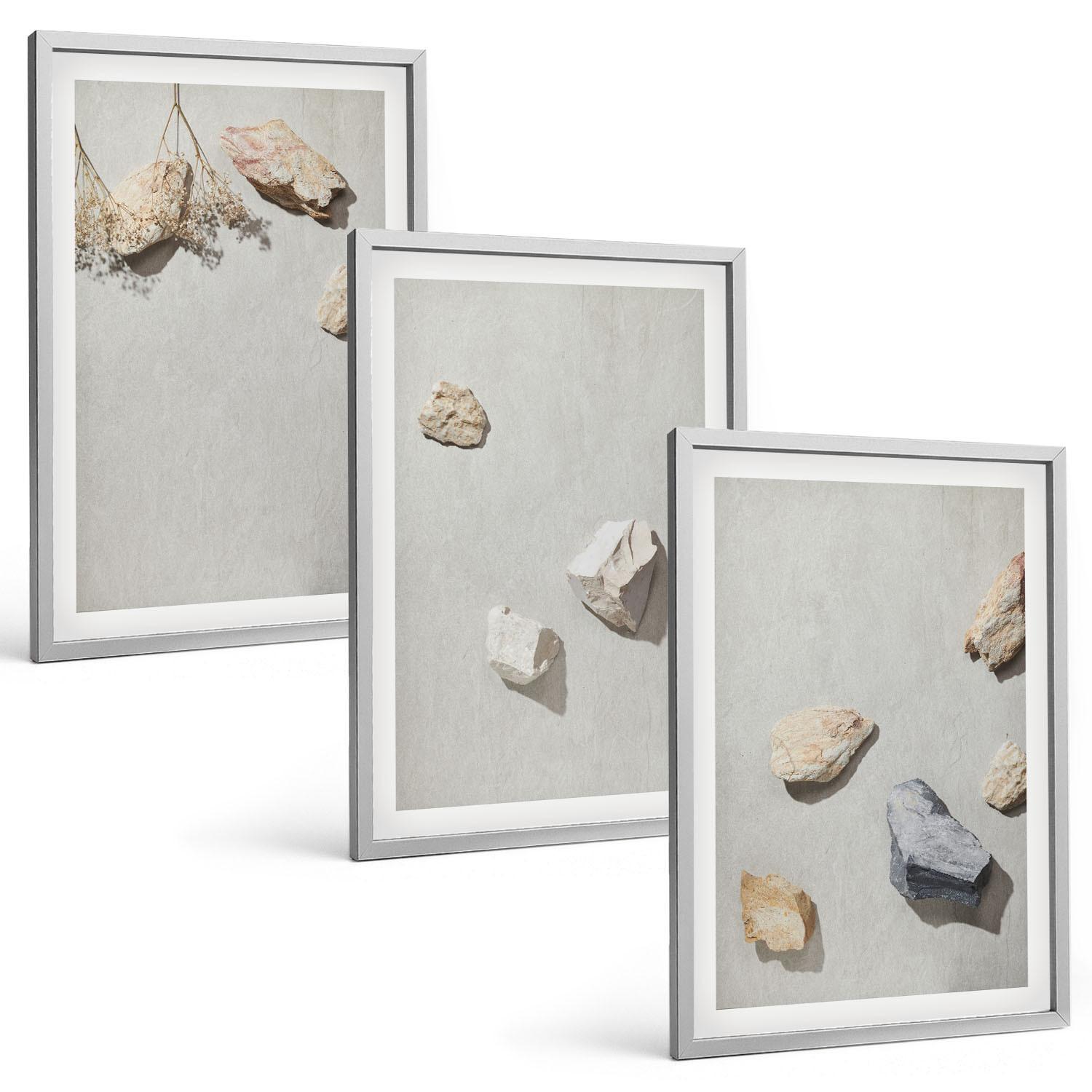 BILDER SET 3er Set - 40x60 cm Silberner Rahmen - Boho-Stranddekorationen aus Steinen - Silberfarben, Kunststoff (40/60cm) - TULUP