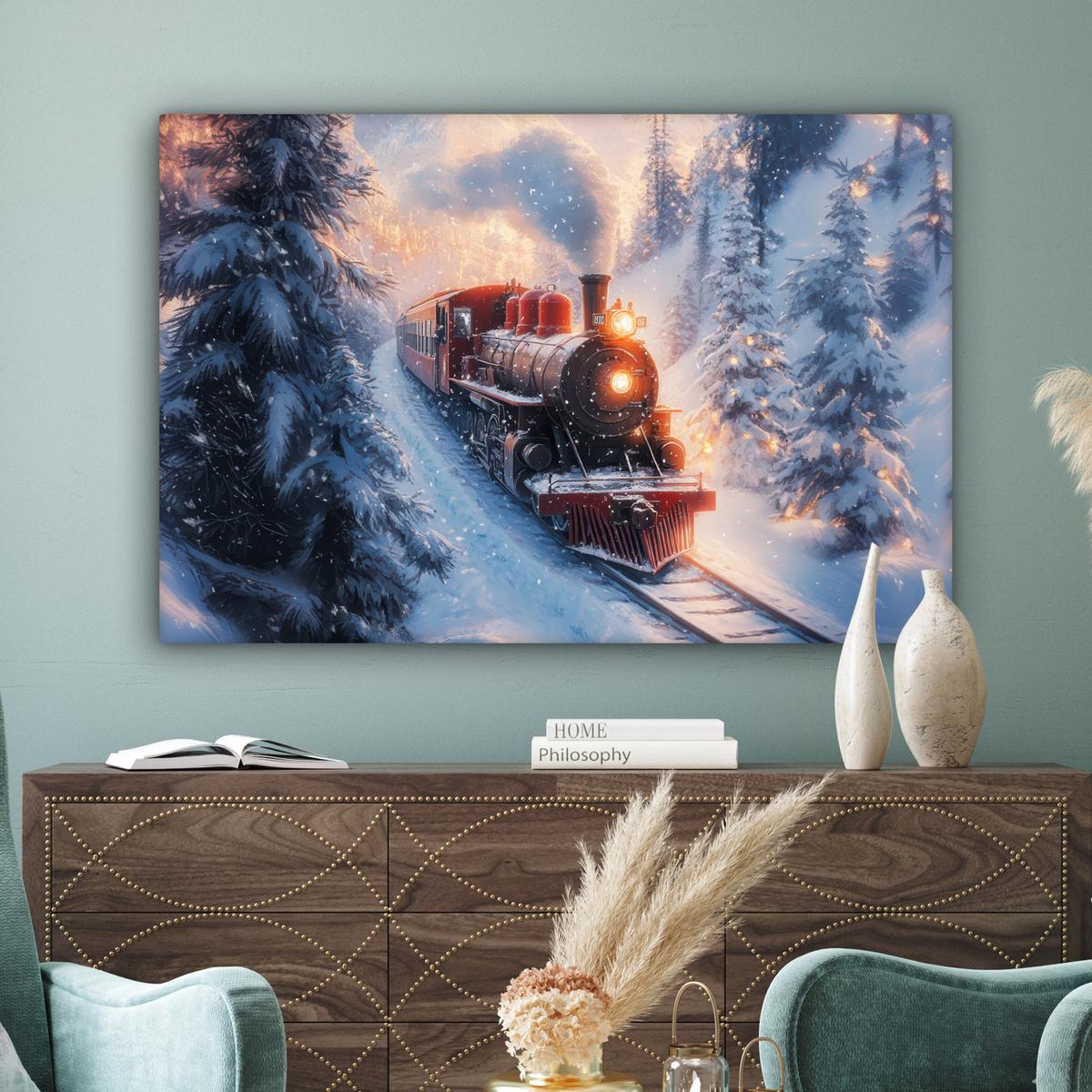 LEINWANDBILD Weihnachtszug - Schnee - Winter - Weihnachten Groß 140x90 cm - Dunkelrot, Textil (140/90cm) - MuchoWow