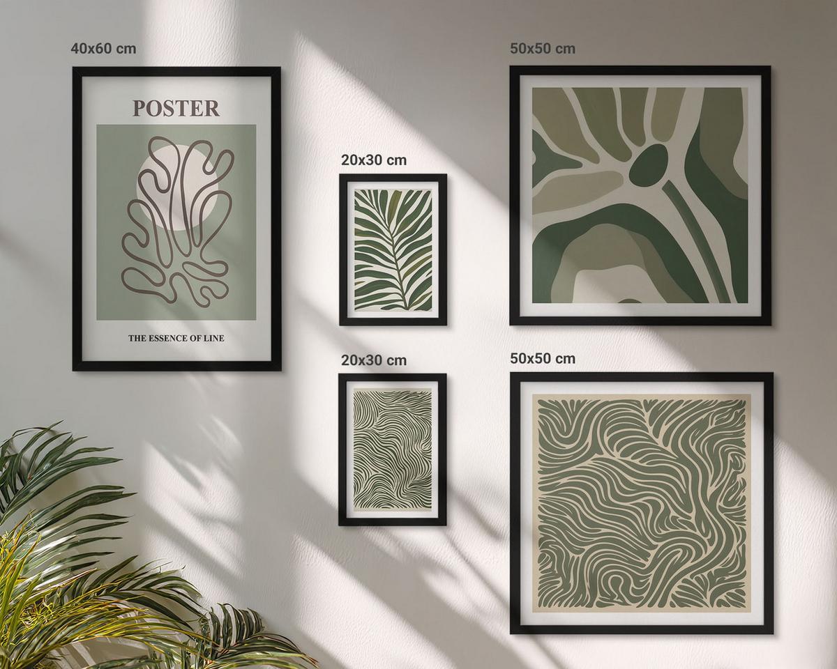 BILDER SET 5er Set - 50x50 cm & 20x30 cm & 40x60 cm Schwarzer Rahmen - Blattmuster und wellenförmige Formen - Schwarz, Kunststoff (40/60cm) - TULUP