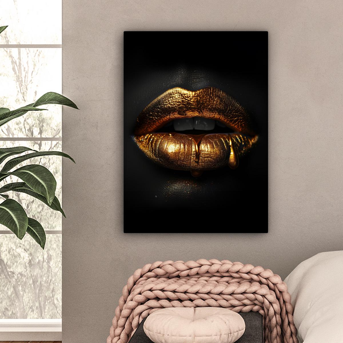 LEINWANDBILD Frau - Porträt - Lippen - Gold - Schwarz Wandbild Wohnzimmer 60x80 cm - Schwarz, Textil (60/80cm) - MuchoWow